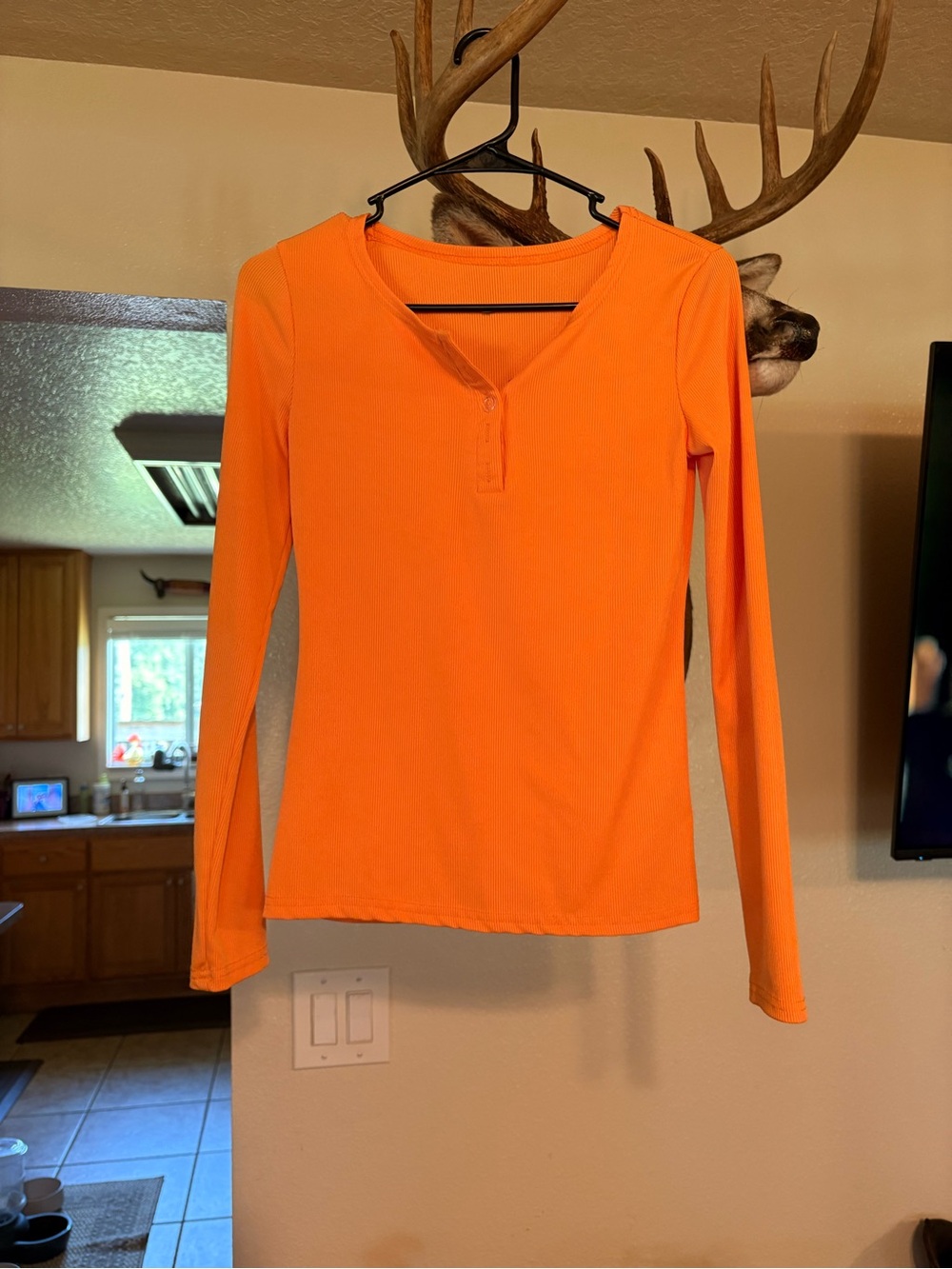 SHEIN Bright Orange Ribbed Long-Sleeve V-Neck Top
